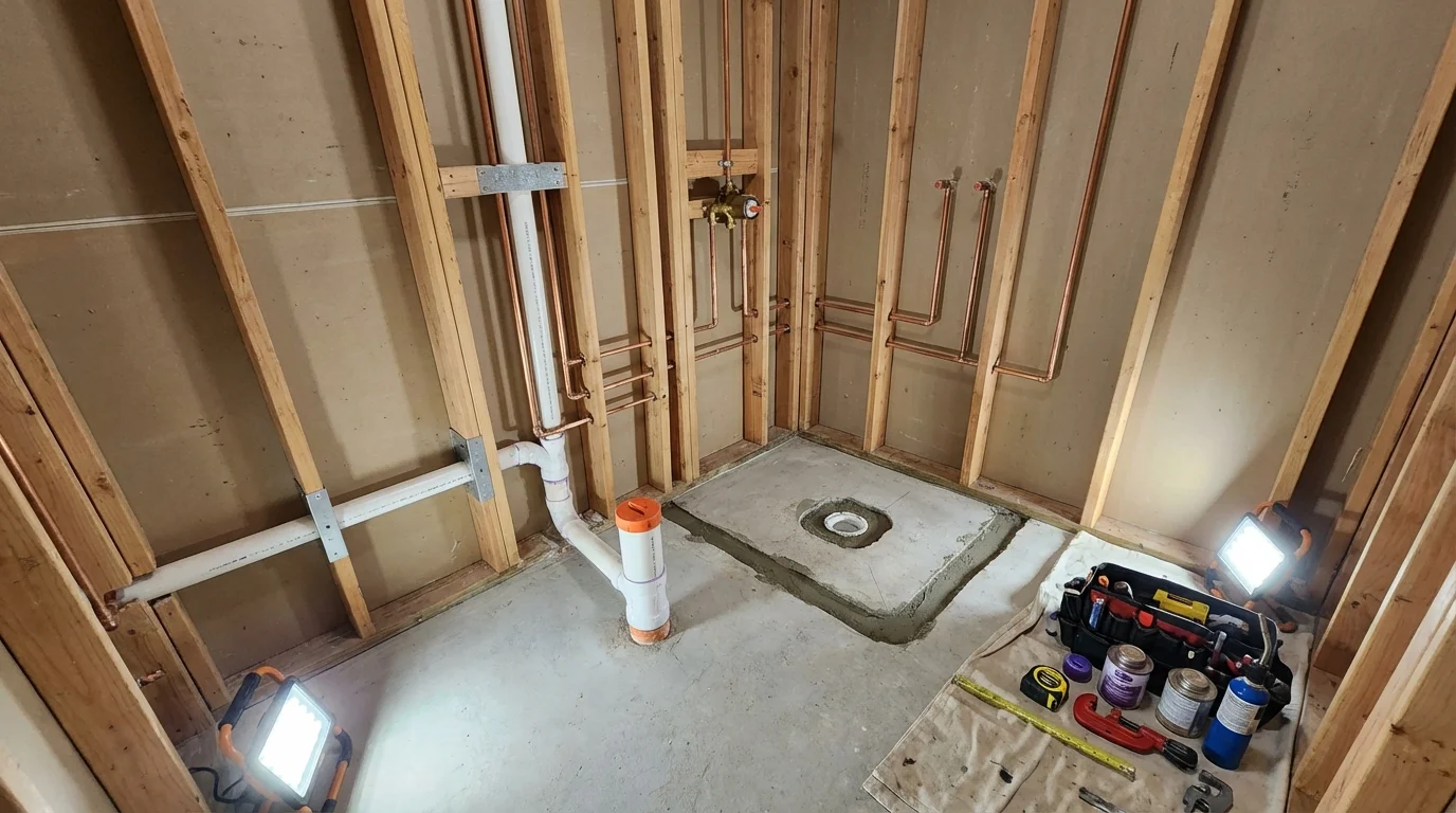 Bathroom rough-in plumbing during remodel by Johns Plumbing LLC in Iowa