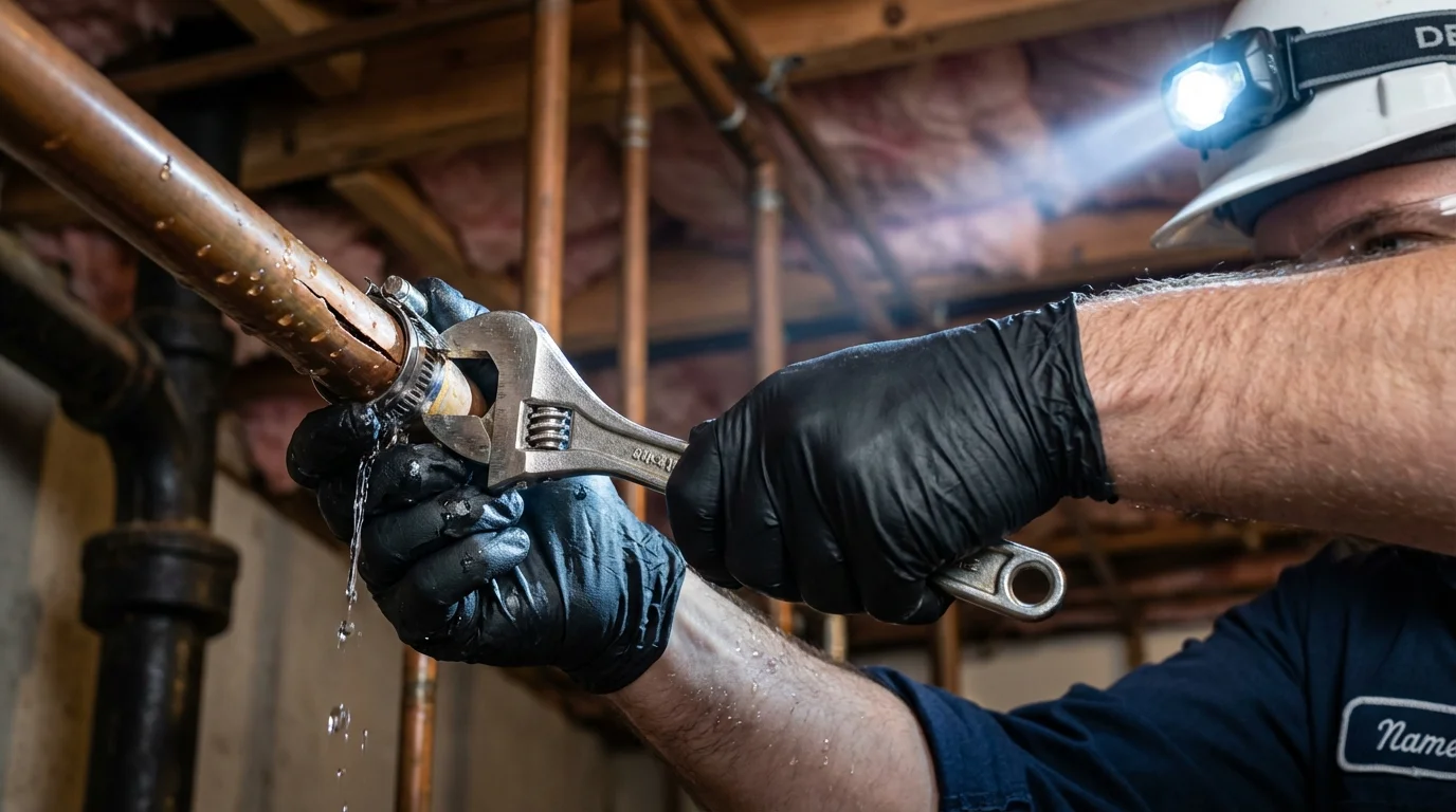 Emergency pipe clamp repair being performed by a Johns Plumbing LLC plumber in Iowa