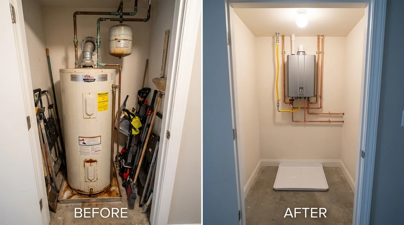Tank water heater versus wall-mounted tankless unit comparison for Iowa, LA homeowners
