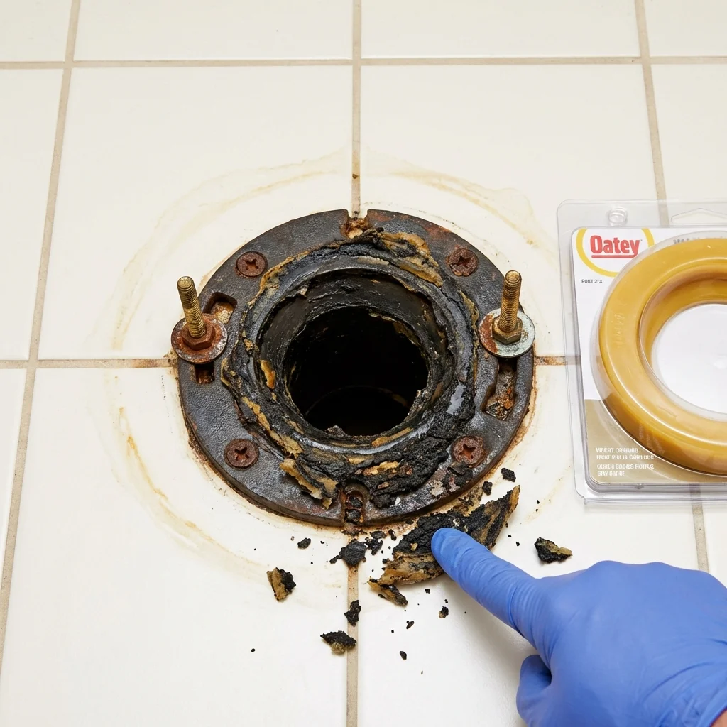 Failed wax ring showing water seepage at the base of a toilet in a Iowa, LA home