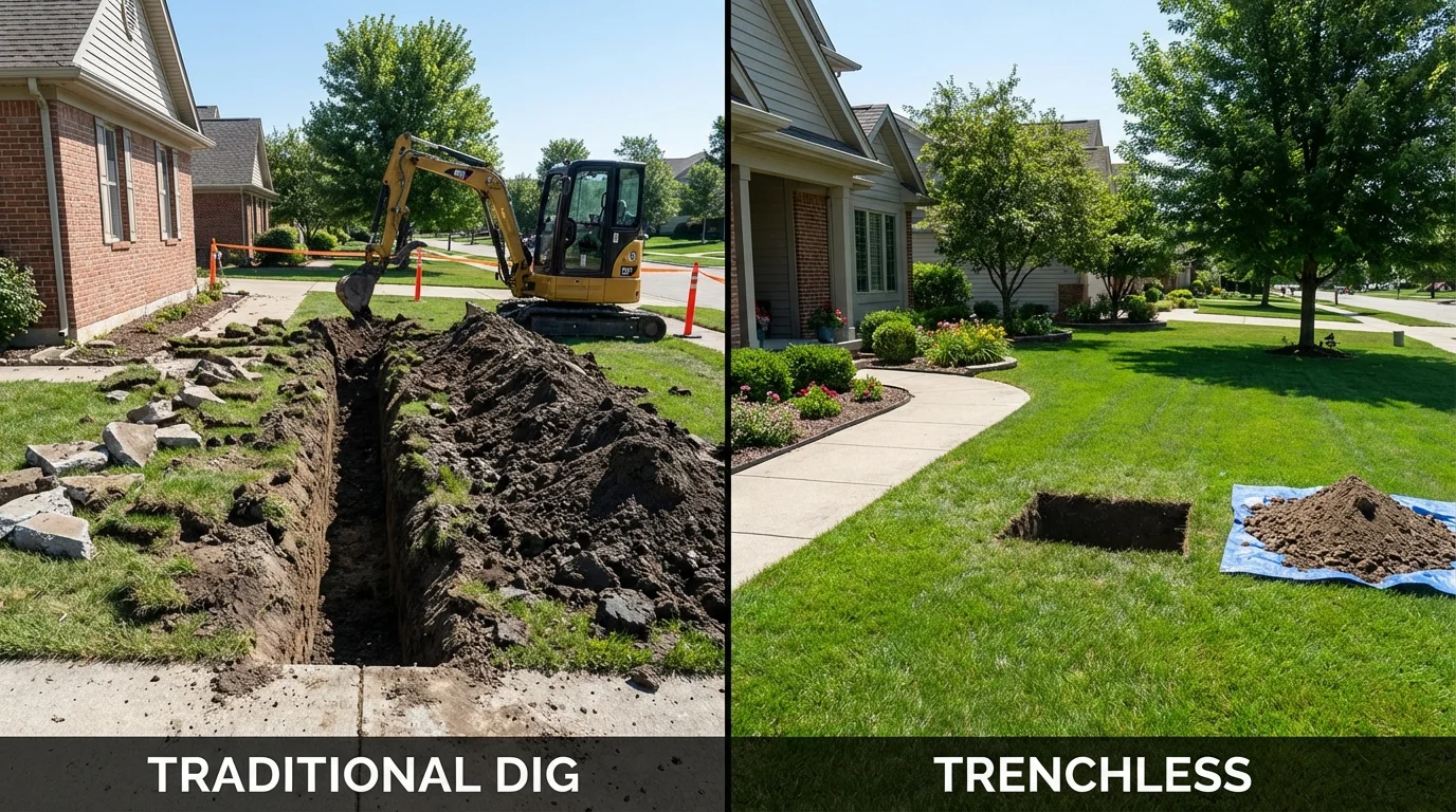 Trenchless sewer repair with minimal yard damage versus traditional excavation in Iowa, LA