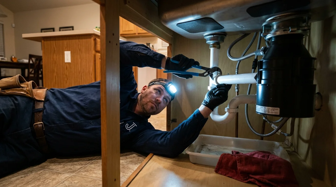P-trap and supply line connections under a kitchen sink showing a common leak point in Iowa, LA